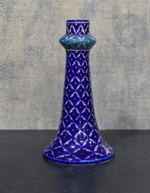 Jaipur Blue Pottery Handmade Lamp 12 Without Shade in Blue & White Geometrical Design With Yellow Dots (Without Lampshade)